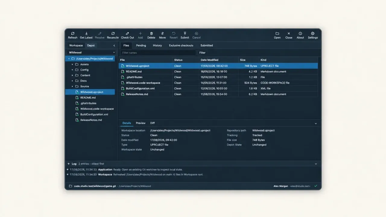 The Depot Desk alpha interface, showing files, folders and checkout status in the fictional Wildwood project