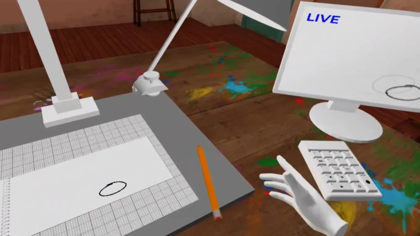 The virtual animation desk in The Reality Lab: a down-shooter camera rig over a gridded sketchpad with a drawn ellipse, a pencil, a keypad and a monitor marked LIVE showing the same drawing