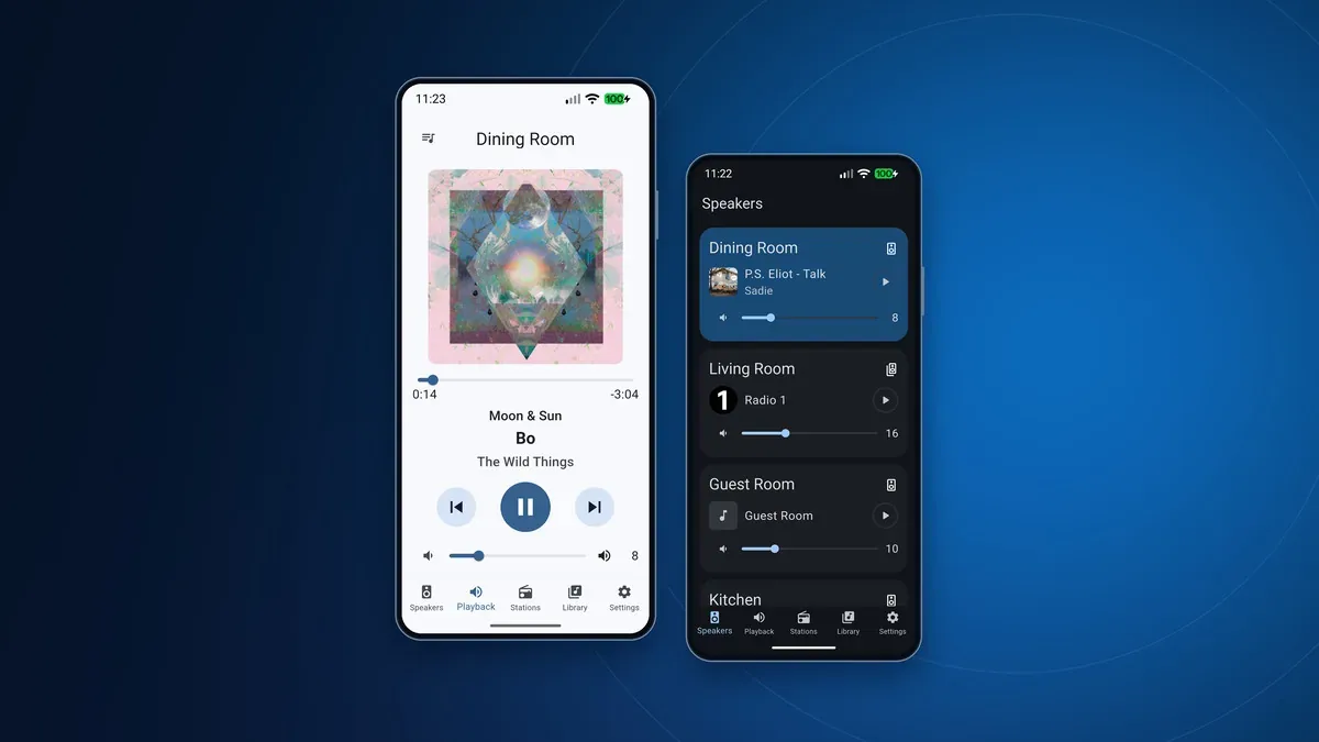Two phone screenshots on a navy background, showing SoniQueue playback controls and room-by-room Sonos speaker control