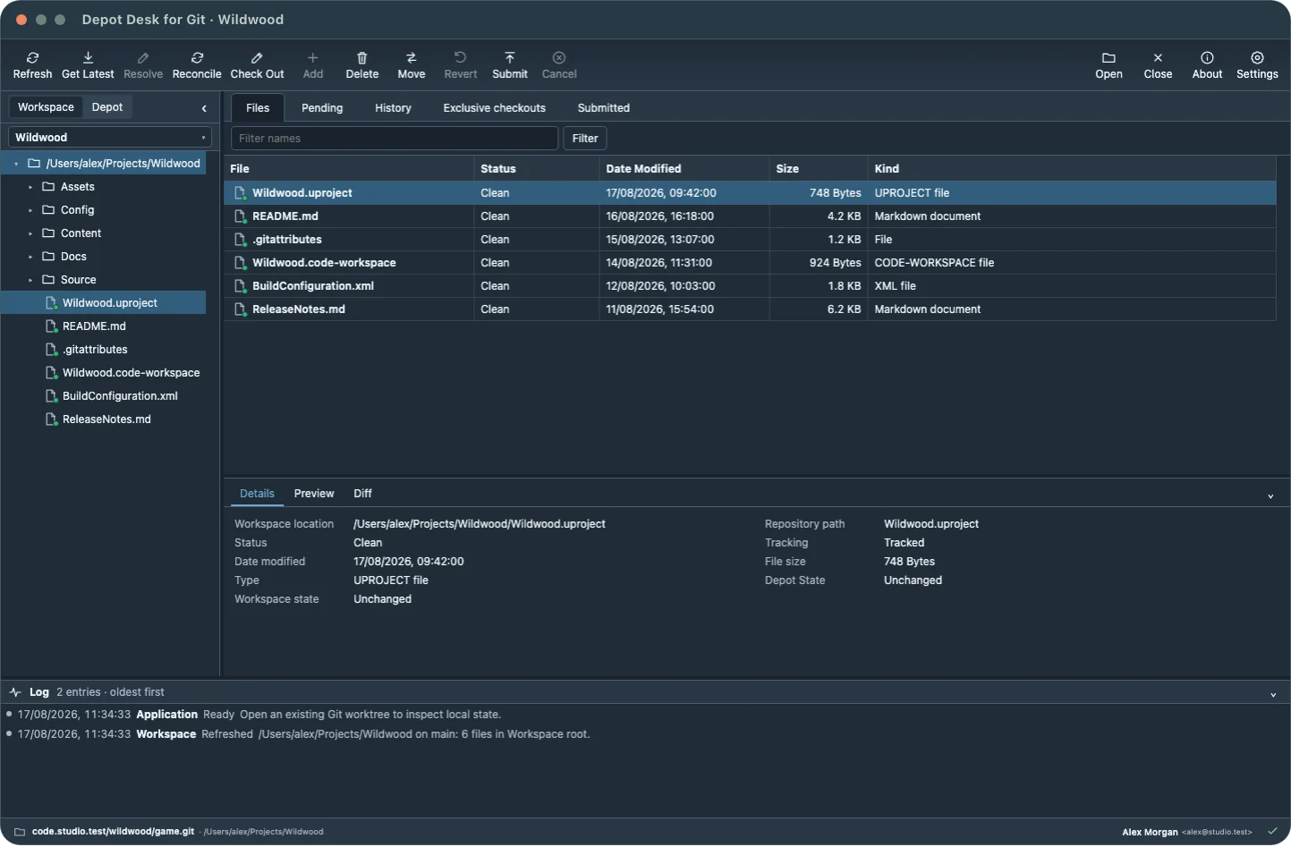 The Depot Desk alpha interface in dark mode, showing files, folders and checkout status in the fictional Wildwood project