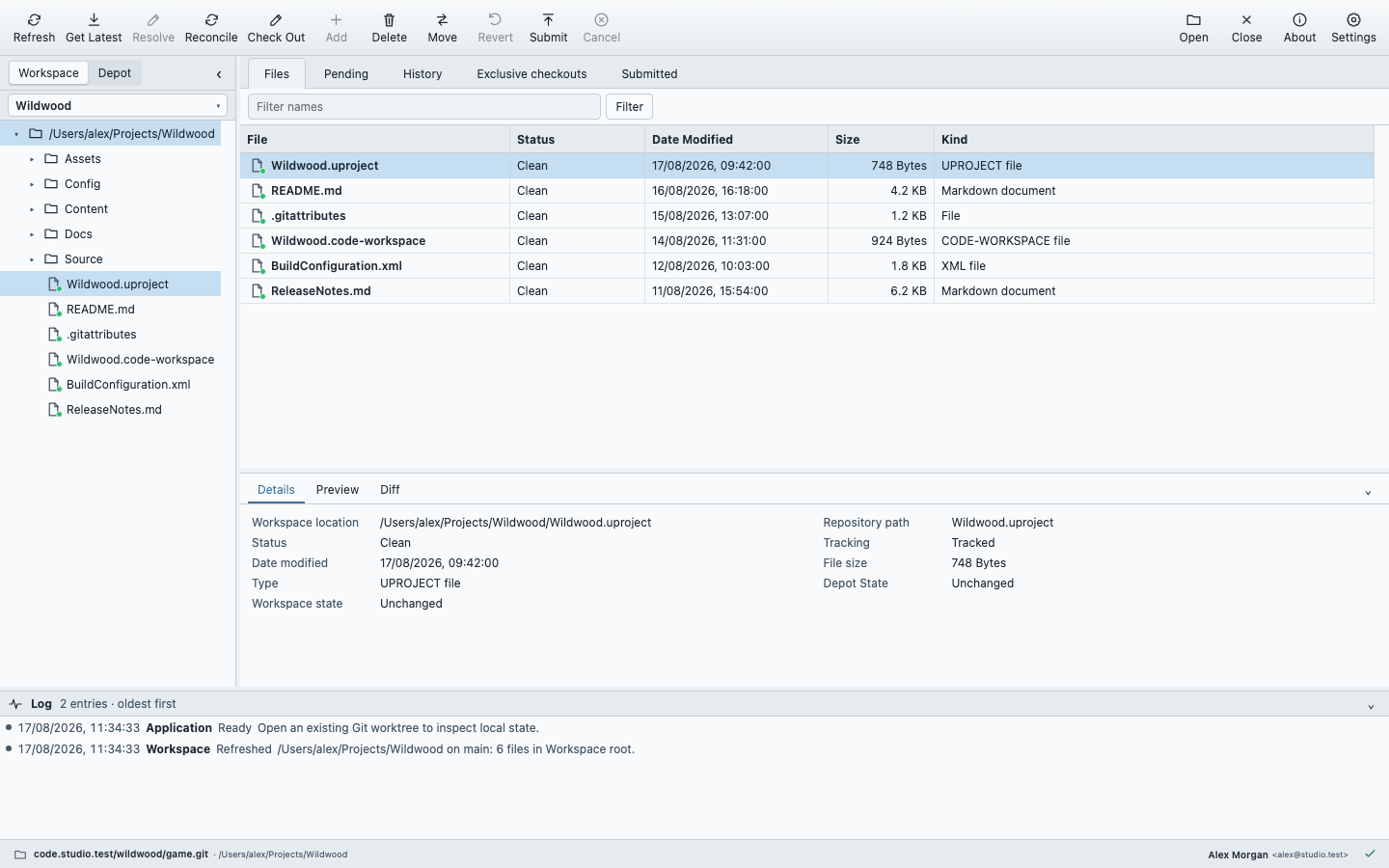 Depot Desk alpha interface showing files, folders and checkout status in the fictional Wildwood project