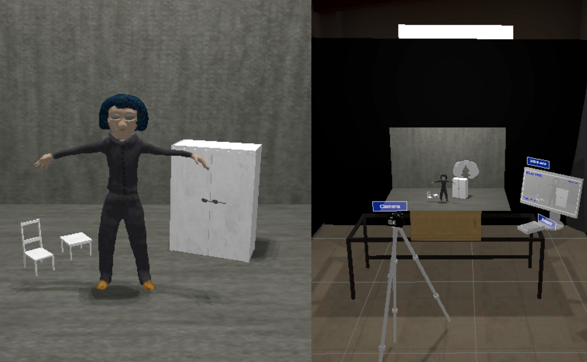 Development screenshots showing a digitised puppet and the virtual animation studio, with a set, camera and controls