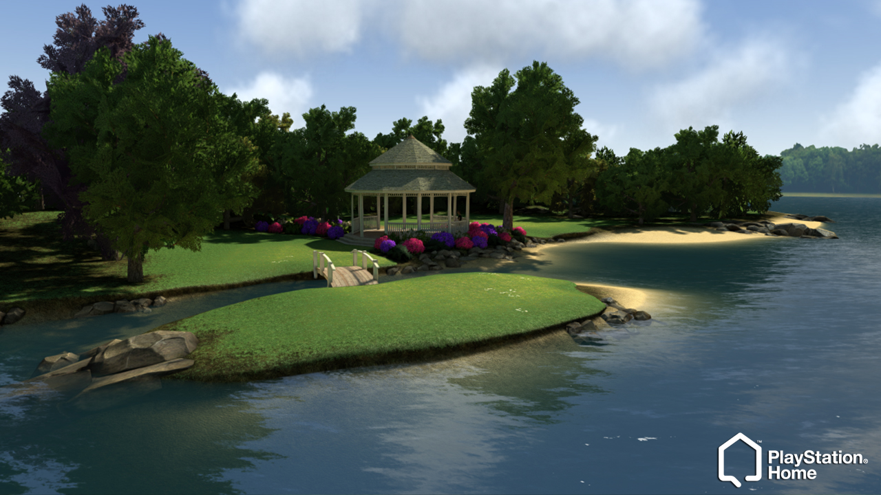 A lakeside park in PlayStation Home, with a gazebo, flower beds and a footbridge among trees